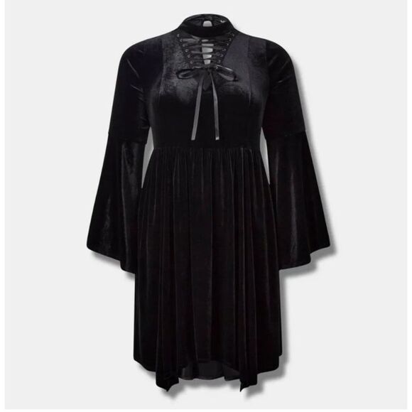 Women Plus Black Stretch Velvet Mock Neck Lace Up Hanky Hem Dress 2X 18/20 - Picture 1 of 5
